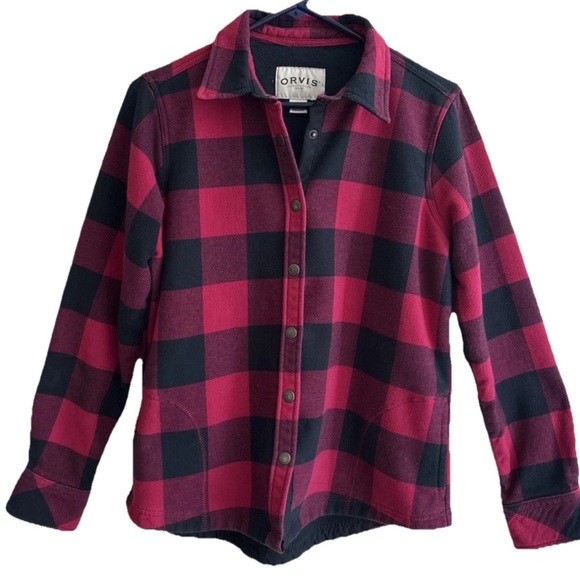 Orvis Snap Down Flannel Shirt Jacket Womens Medium Pink Navy Plaid Fleece Lined - Picture 2 of 8